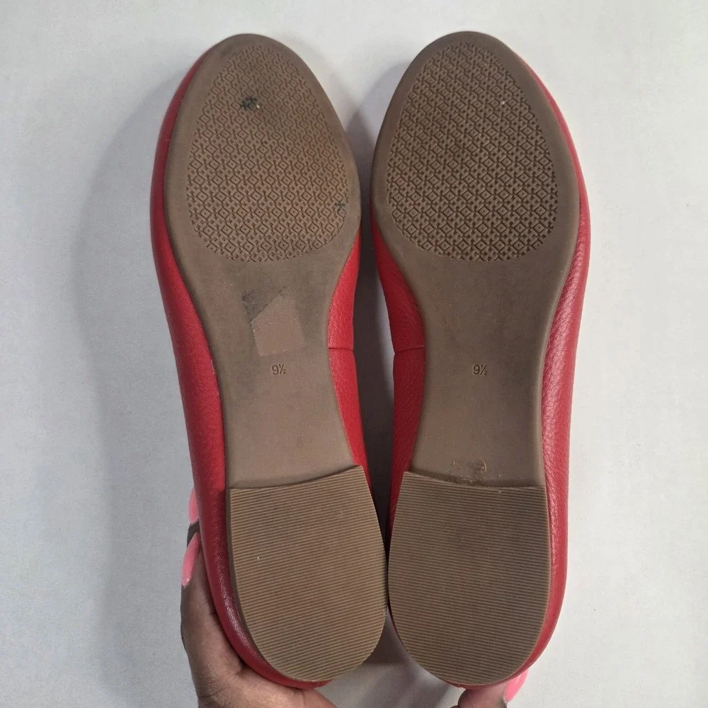 Tory Burch Reva Red Pebbled Leather Ballet Flats Gold Logo Medallion Women's US